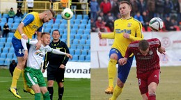 Juraj Hovančík a Peter Bašista (obaja v súboji v žlto-modrom) boli v minulosti defenzívnymi ťahúňmi dnes už neexistujúceho MFK Košice.