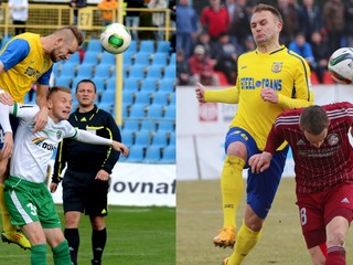 Juraj Hovančík a Peter Bašista (obaja v súboji v žlto-modrom) boli v minulosti defenzívnymi ťahúňmi dnes už neexistujúceho MFK Košice.
