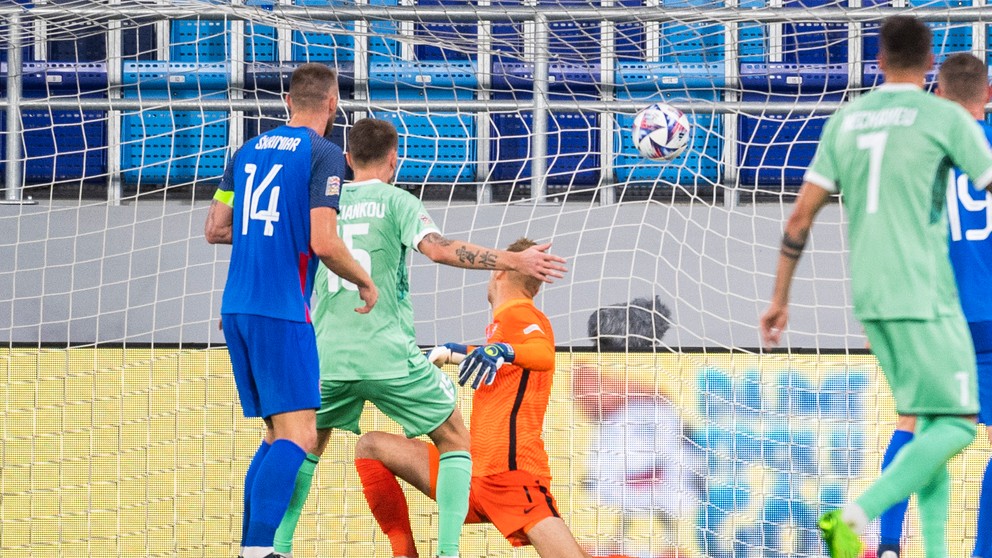 Marek Rodák inkasuje gól počas zápasu 6. kola C-divízie Ligy národov Slovensko - Bielorusko
