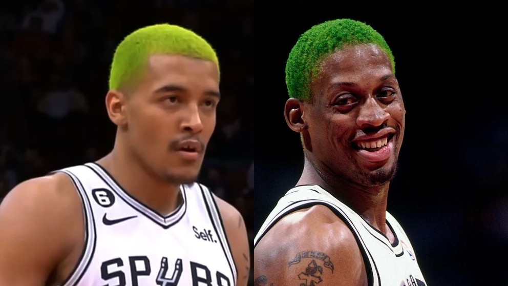 Jeremy Sochan a Dennis Rodman so zelenými vlasmi v drese Spurs.