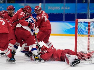 Momentka zo zápasu ROC (Rusko) - Česko na ZOH 2022 v Pekingu.