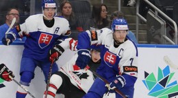 Momentka zo zápasu Slovensko - Kanada na MS do 20 rokov 2022, v popredí Rayen Petrovický.