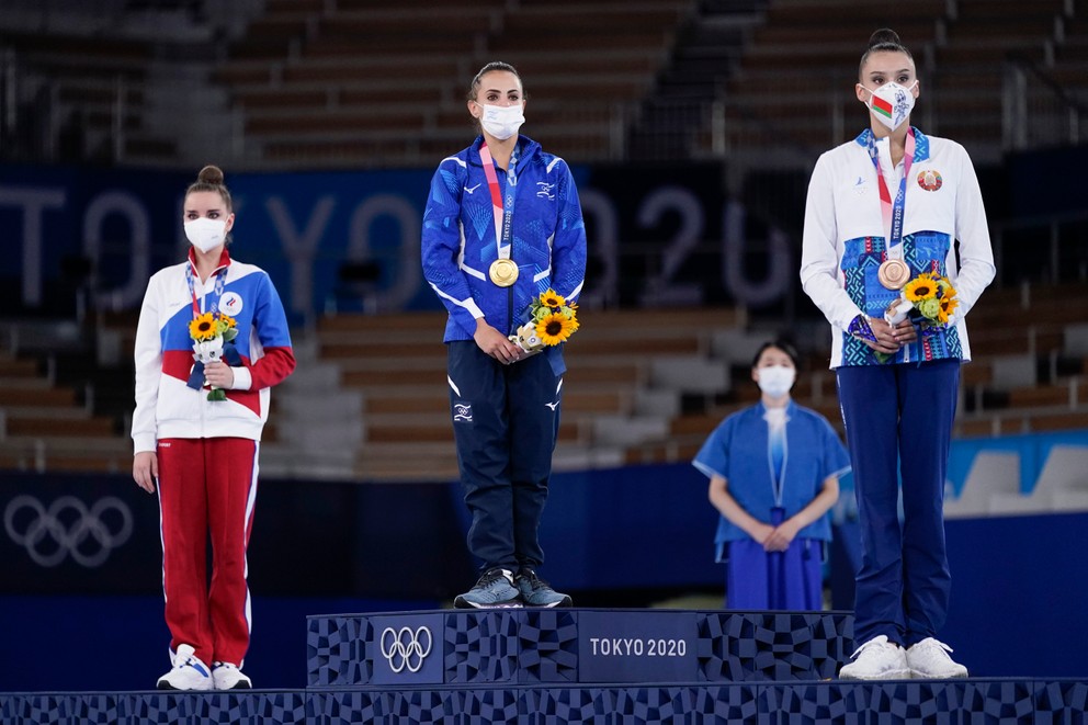 Winners podiums in the individual all-around in modern gymnastics at the Tokyo 2020/2021 Olympic Games.