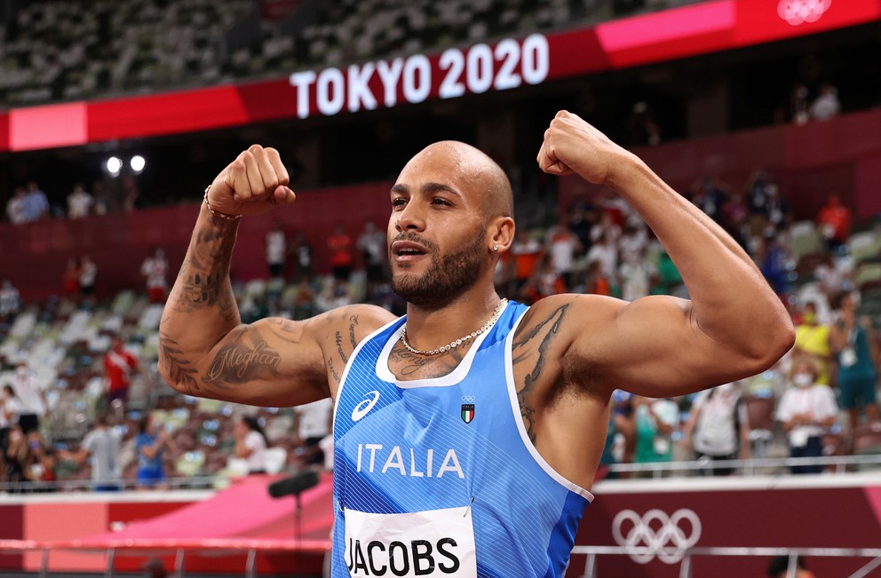 Víťaz behu na 100 m Marcell Jacobs z Talianska.