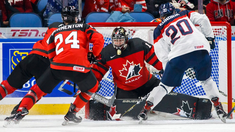 Hokejisti Kanady v zápase proti Slovensku na MS hráčov do 20 rokov v roku 2018.